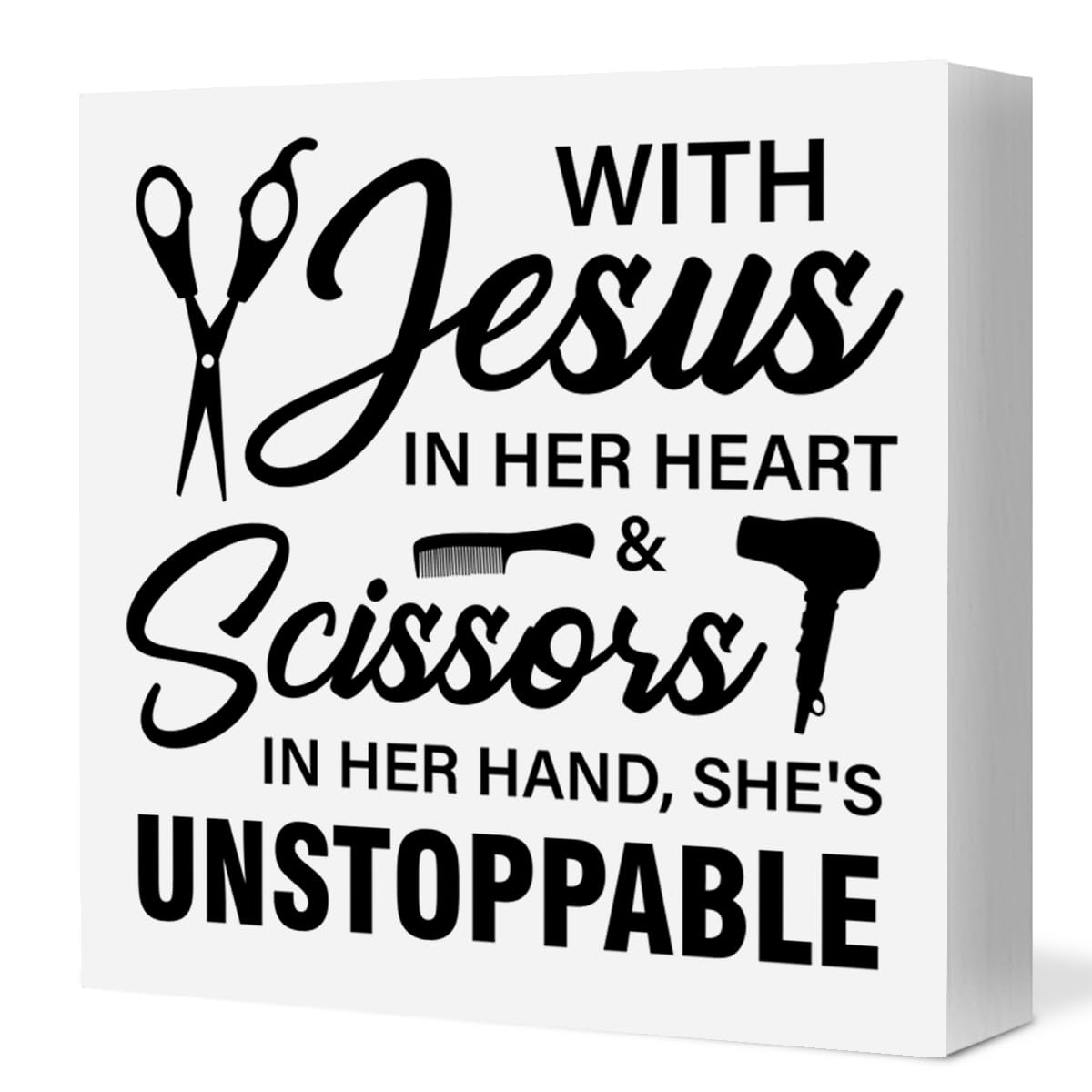 Hair Salon Decor Hairdresser Hairstylist Gifts for Women, Hair Stylist Wood Sign with Jesus in Her Heart and Scissors Wooden Box