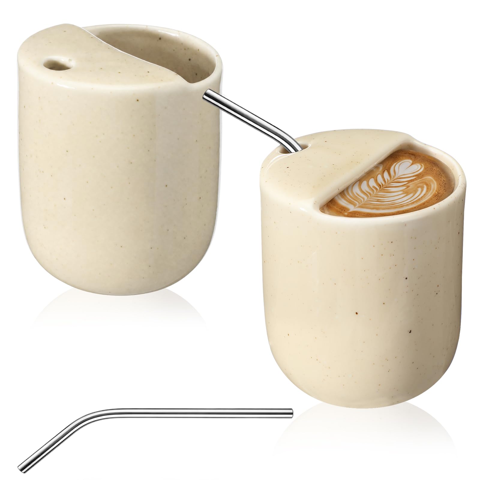 Yetene 2 Pack Ceramic Coffee Mug with Sip Hole 10 oz,Speckled,Creamy