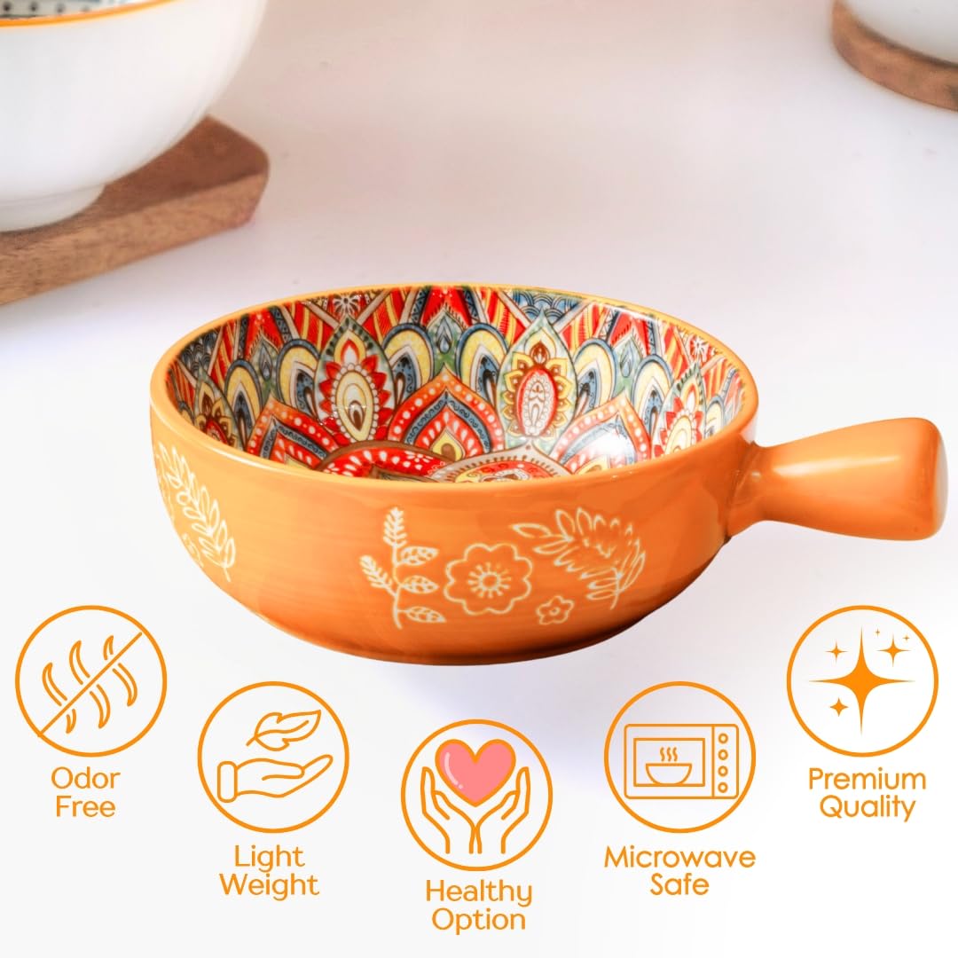 Femora Ceramic Snack Bowl With Handle | Serving Bowl With Handle | Microwave & Dishwasher Safe Big Bowls Perfect For Snacks, Noo