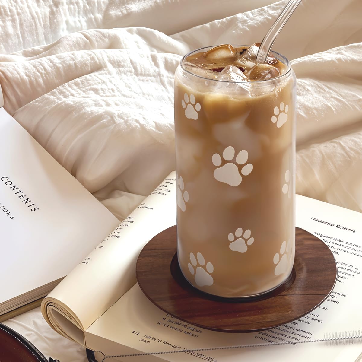 Paw Print 16oz Can Glass Tumbler with Acrylic Lid & Straw - Iced Coffee Cup for Women Cat Dog Mom, Aesthetic Cups Gifts for Birt
