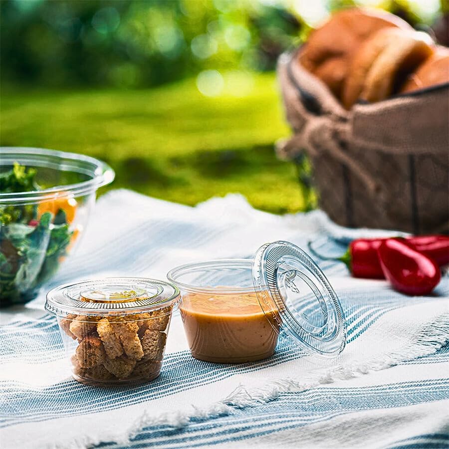 Green Direct 4 oz Disposable Jello Shot Cups With Lids | Condiment Containers with Lids Clear Plastic Cups with Lids | Salad Dressing Container To Go Souffle Portion Control Sauce Cups Pack of 100