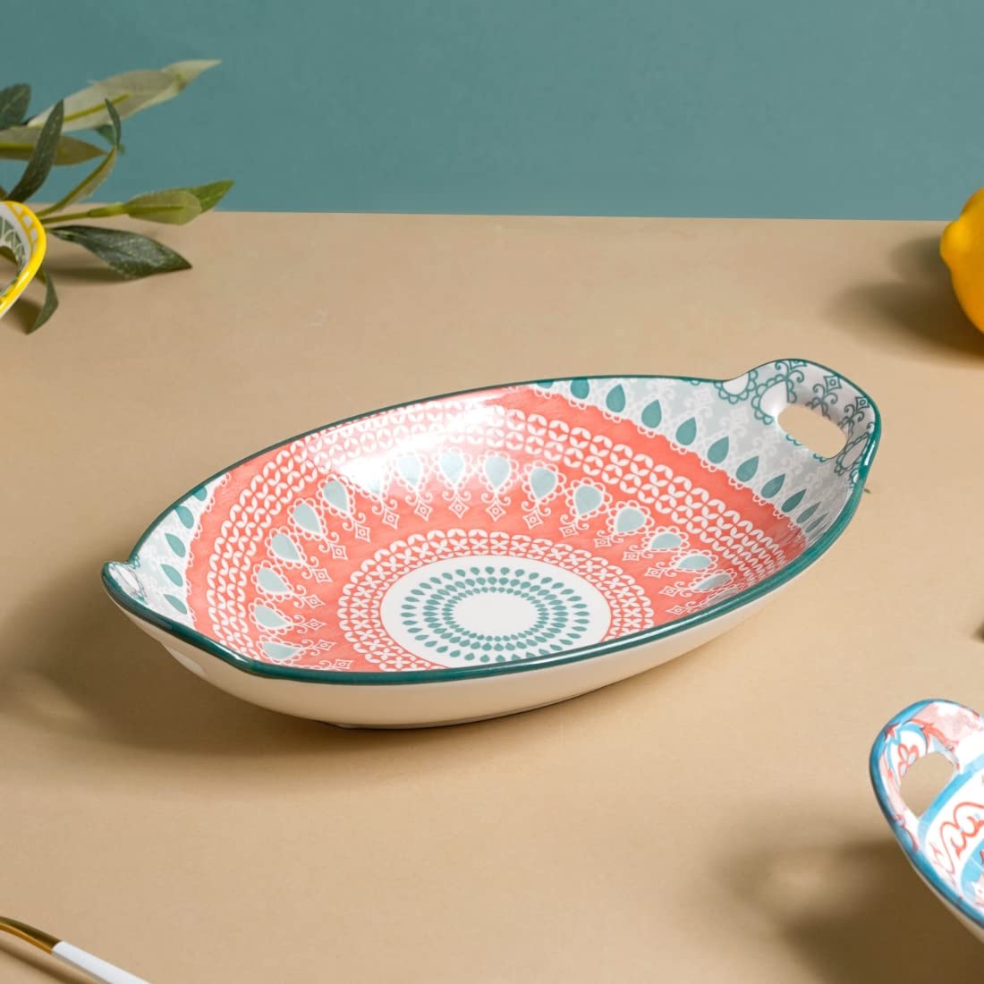 Nestasia Pink and Blue Mandala Ceramic Long Dish with Handles for Serving Snacks, Appetizers, Salads, and Noodles| Microwave Saf