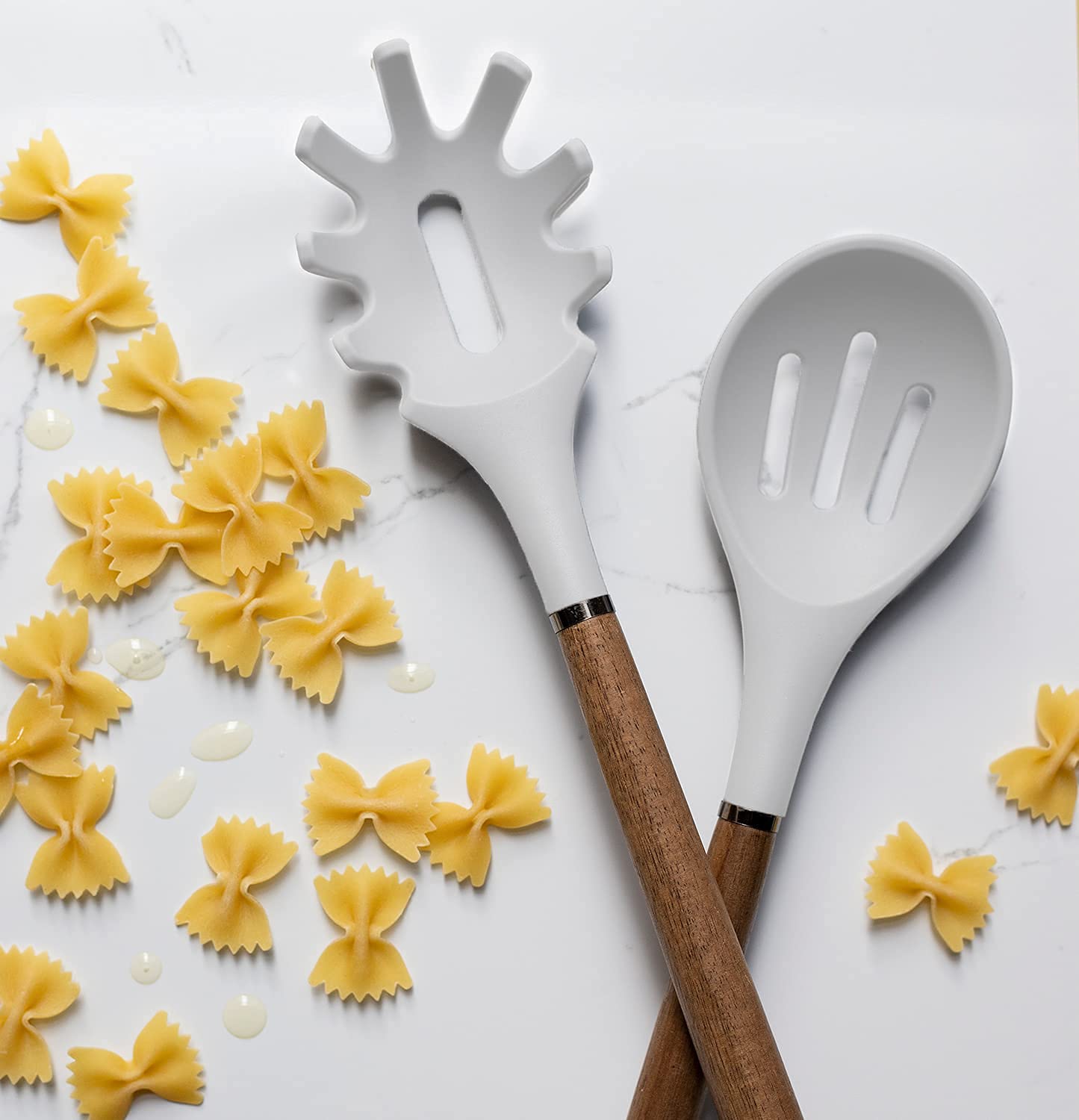 Country Kitchen 8 Pc Non Stick Silicone Utensil Set With Rounded Wood Handles For Cooking And Baking - White