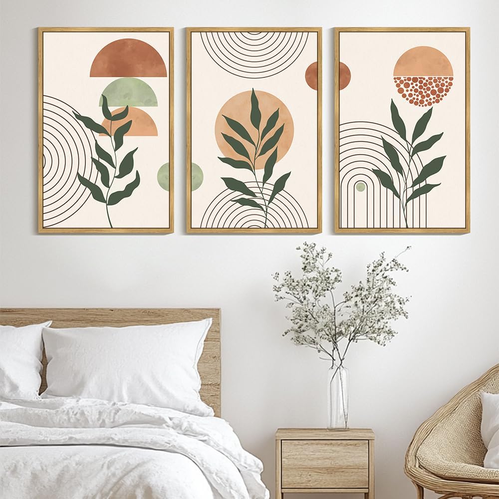 Phopago Boho Abstract Wall Art Large 24X36In Botanical Mid Century Modern Framed Wall Prints Neutral Bohemain Sage Decor For Far