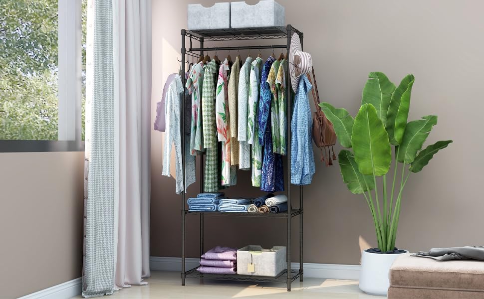 Xiofio 3 Tiers Heavy Duty Clothing Rack, Metal Garment Rack Coat Rack, Clothes Rack With 2 Side Hooks,Hanging Adjustable Garment