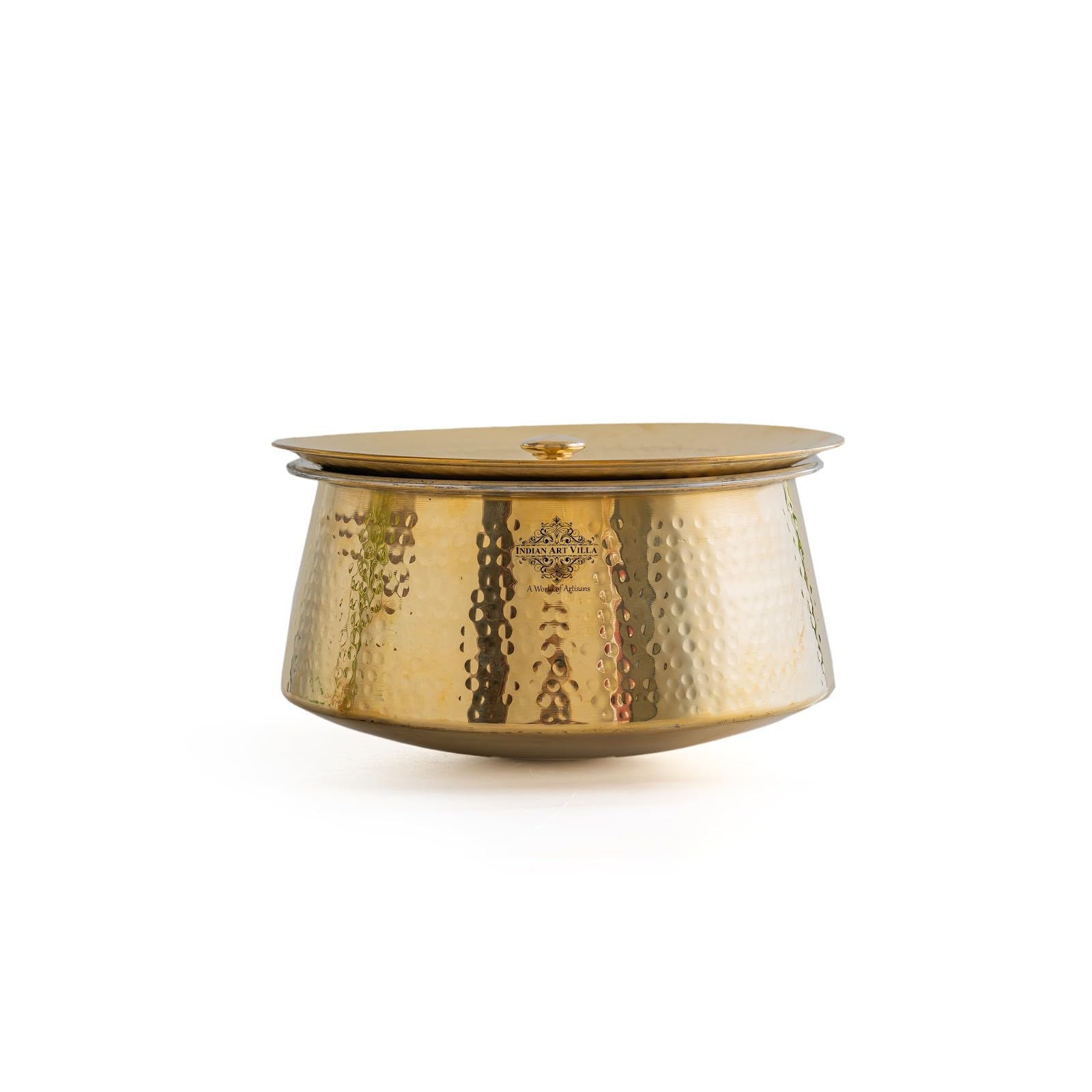 Indian Art Villa Brass Hammered Patila With Lid And Tin Lining - 2000 Ml, Traditional Cookware For Biryani, Curries, And Indian 
