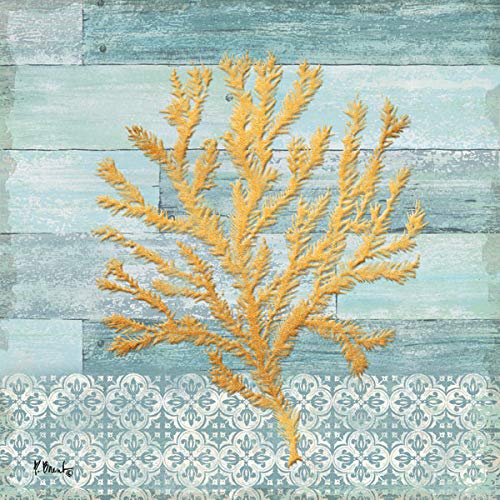 Lovely Turquoise Blue And Gold Coastal Coral Set; Two 12X12In Paper Poster Prints (Printed On Paper, Not Wood)