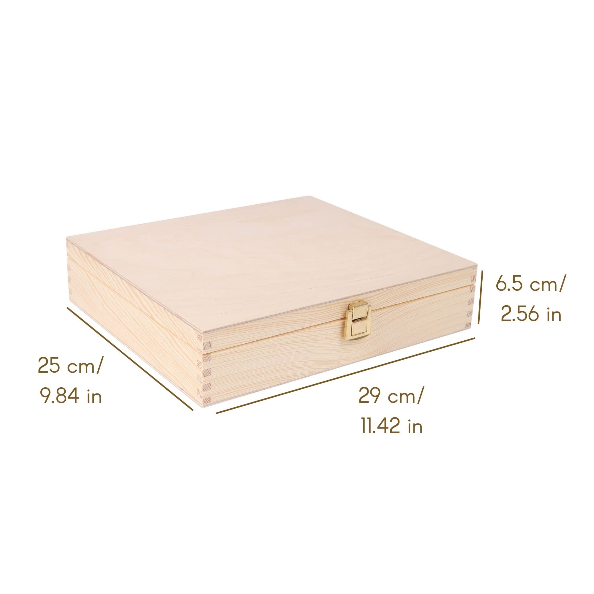 Creative Deco Wooden Storage Box Unpainted Plain | 11.41 X 9.84 X 2.55 In | Golden Latch & Lid | Perfect For Storing Valuables &