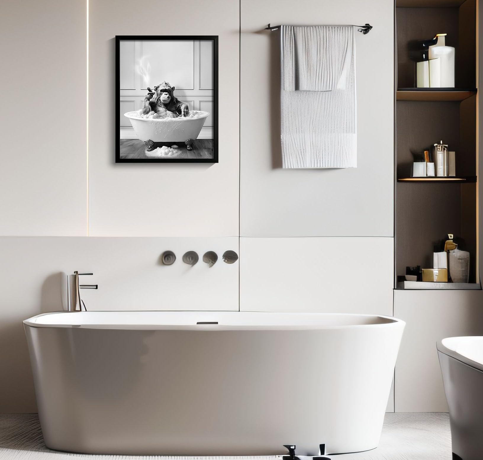 Framed Bathroom Decor Wall Art, Chimpanzee In Bathtub, Black And White Wall Art, Funny Bathroom Wall Decor Signs, Cute Animal Ar