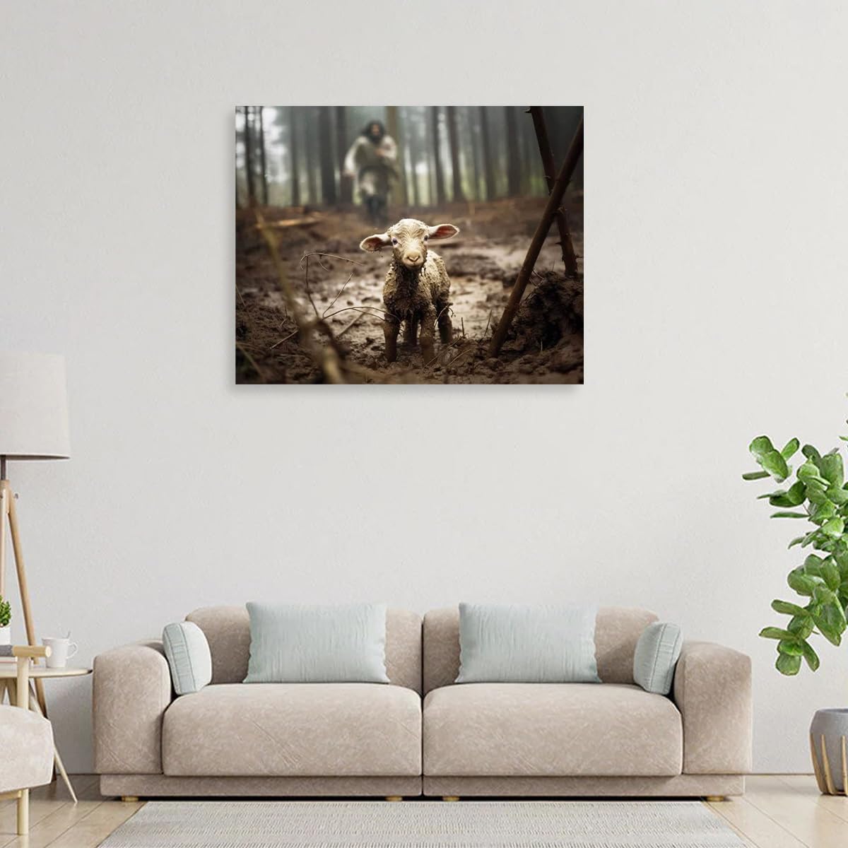 Jesus And Lamb Canvas Wall Art Jesus Running After Lost Lamb Picture Wall Art Canvas Print Christian Home Decor 30X24 Inch (Land