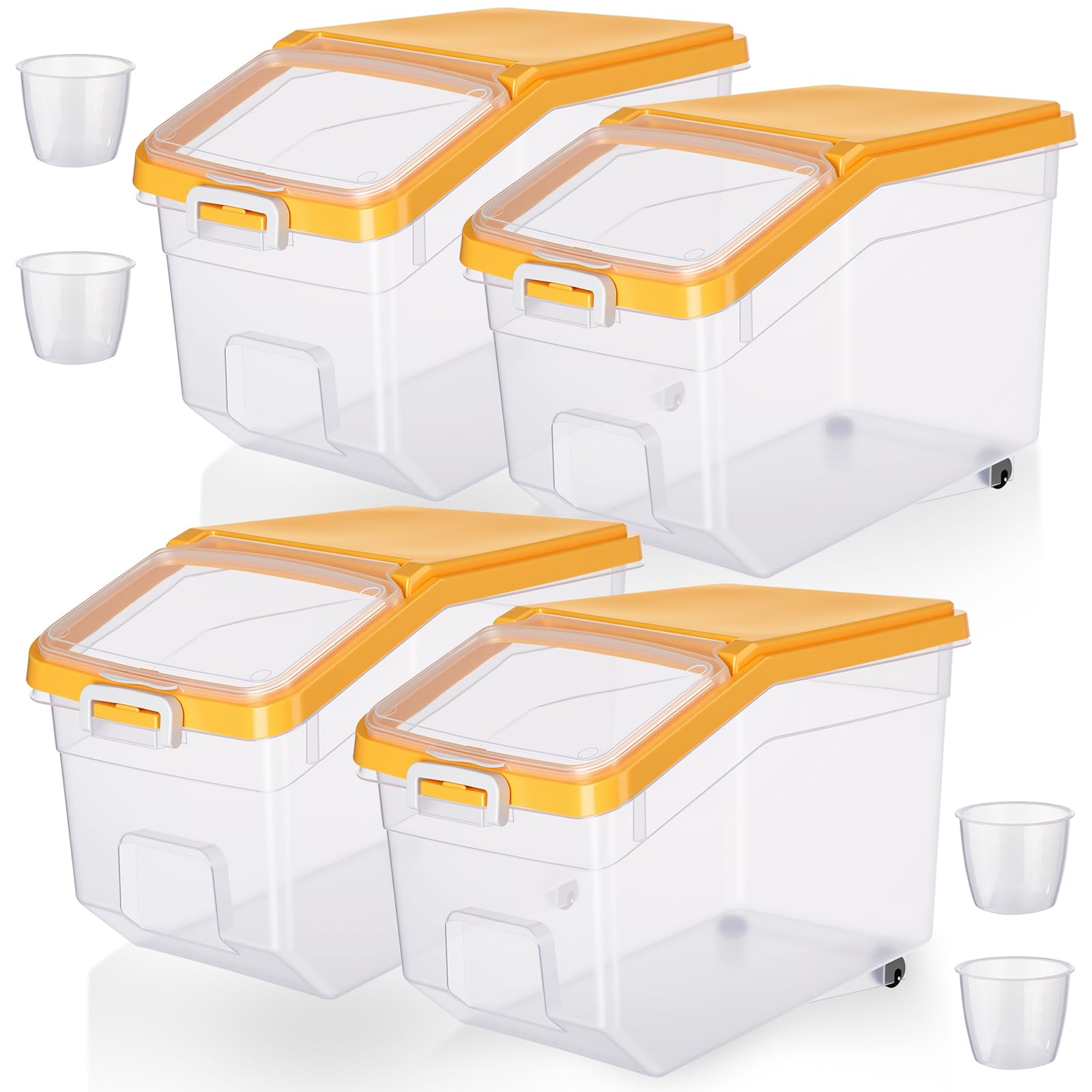 Sunnyray 4 Pcs Rice Storage Container 28 lb Airtight Flour Container with Wheels Measuring Cup Clear Pet Dog Birds Cat Food Bin 