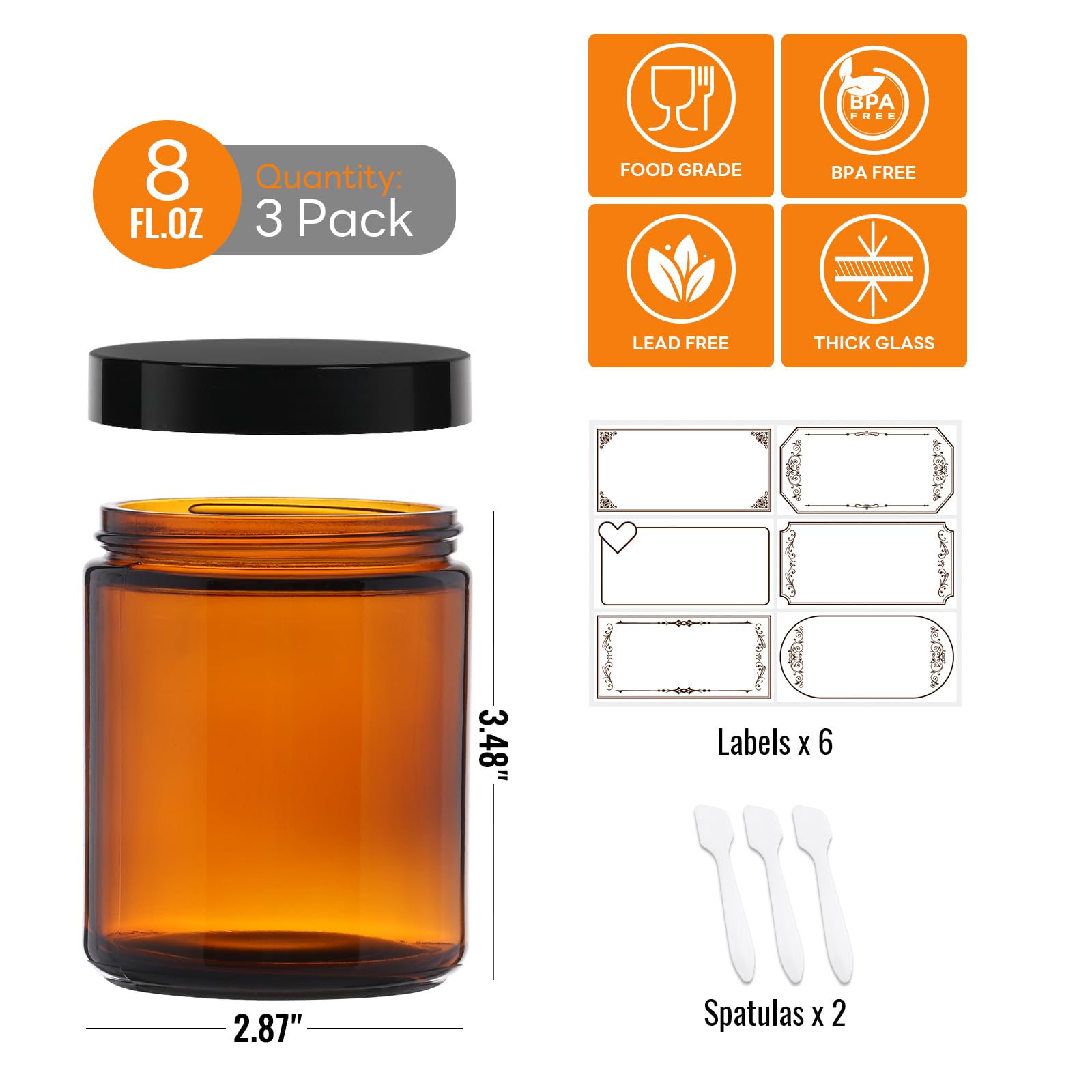 3 Pack 8 Oz Amber Glass Jars With Lids, Cosmetic Jars With Inner Liners And Black Lids, Lotion Jars, Candle Making Jars For Loti