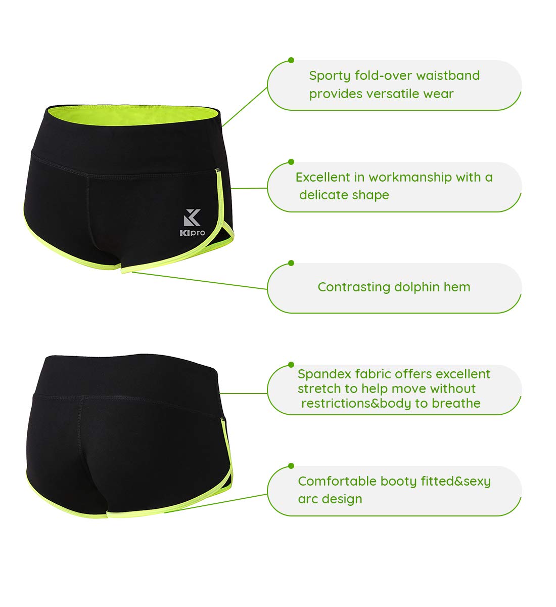 Kipro Casual Comfy Cotton Shorts Blackfluorescent Green, X-Small