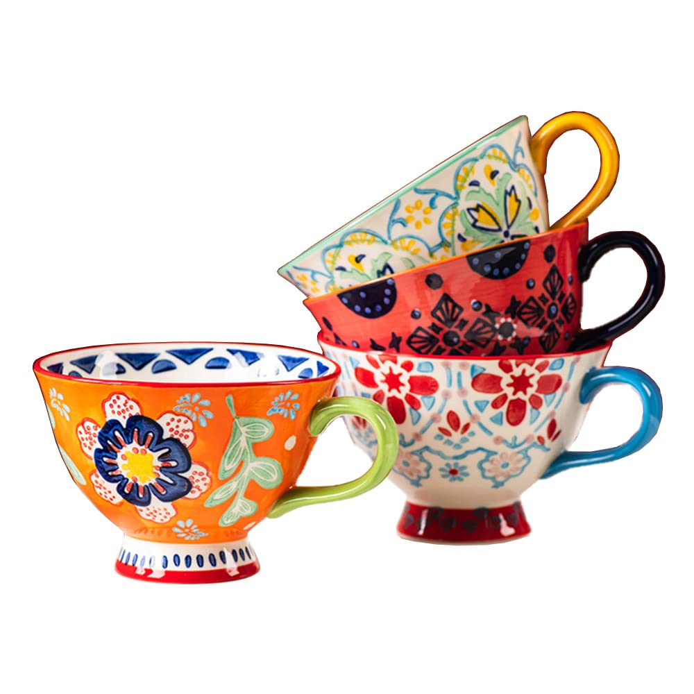 Bicuzat HandPainted Floral Pattern Large Capacity Ceramic Coffee Mugs  Jumbo Mugs, Tea, Milk, Cereal, Breakfast Cup Set of 4 