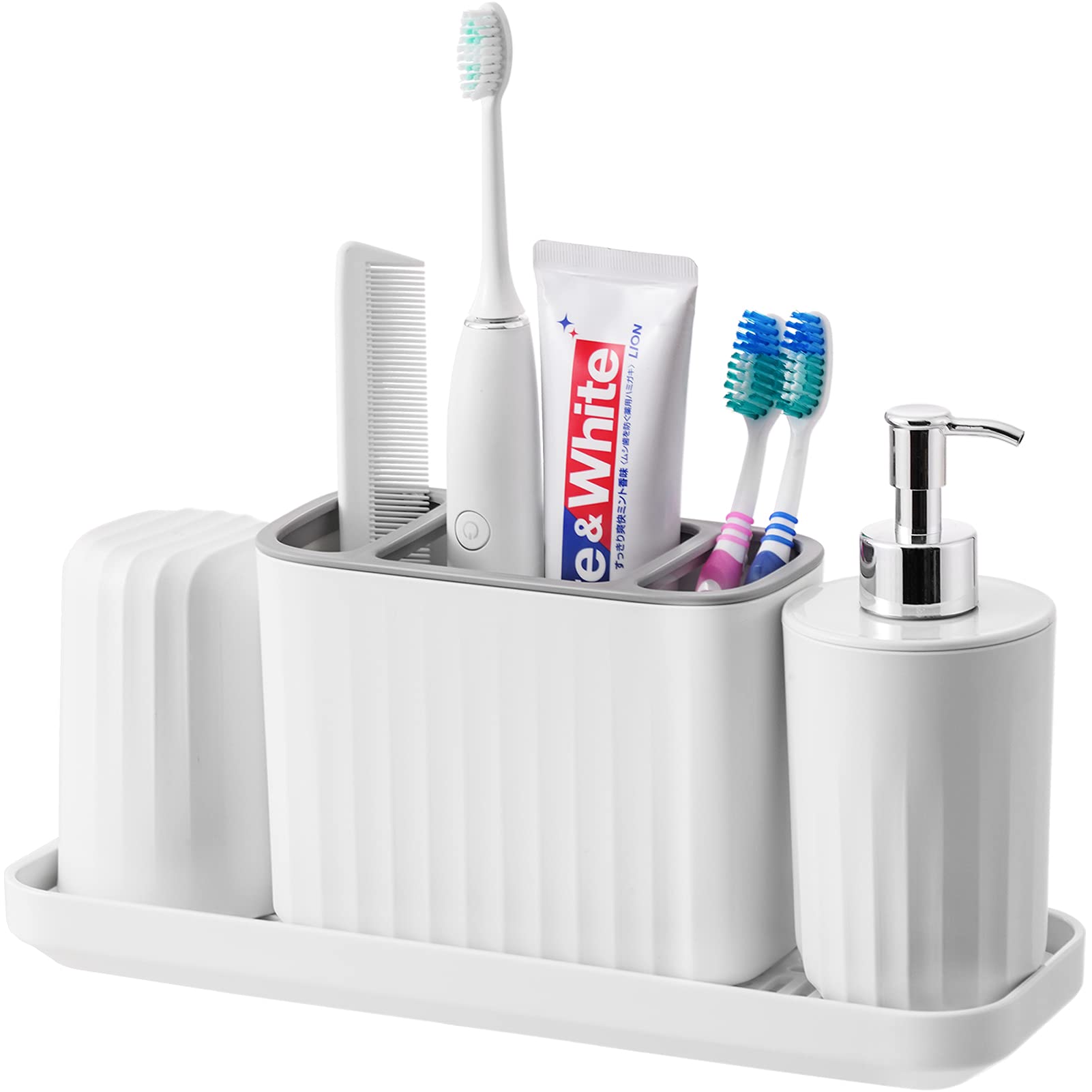 Vitviti Plastic Toothbrush Holder, Bathroom Organizer Countertop, Bathroom Counter Asseccories Storage Set With Tumbler, Soap Di