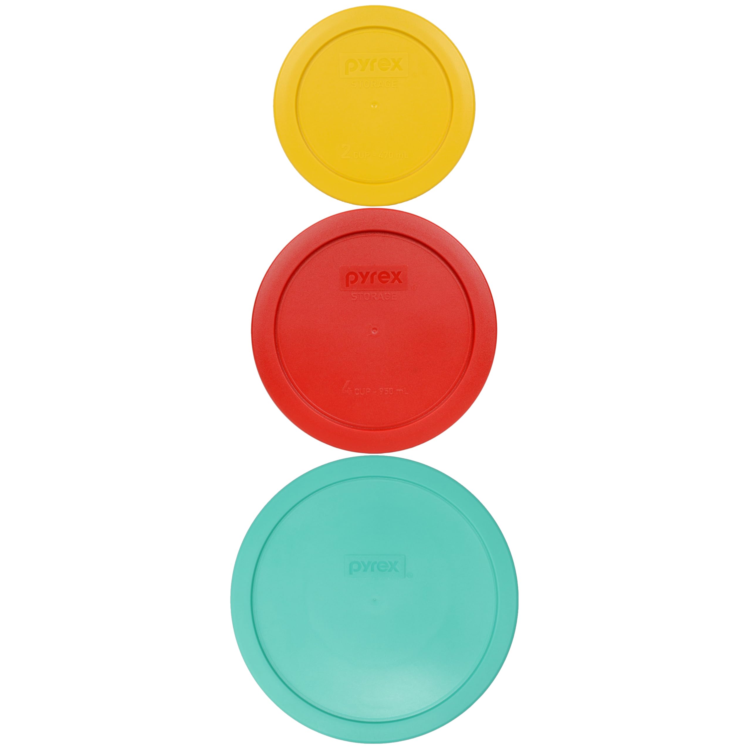 Pyrex 7200-Pc Yellow, 7201-Pc Red, And 7402-Pc Green Lid Set