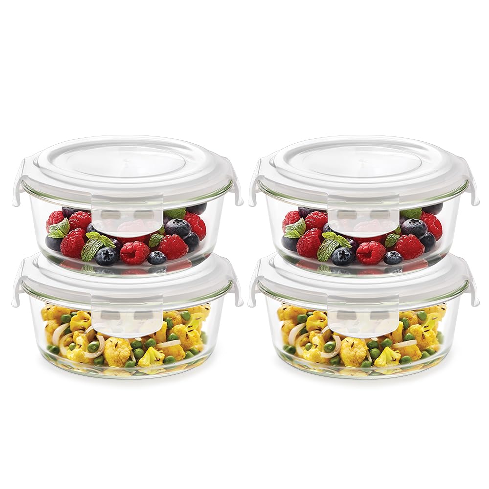 Borosil Klip N Store (950Ml X 4) Round Glass Food Storage Container Set With Air Tight Lid | Borosilicate Glass Container For Lu