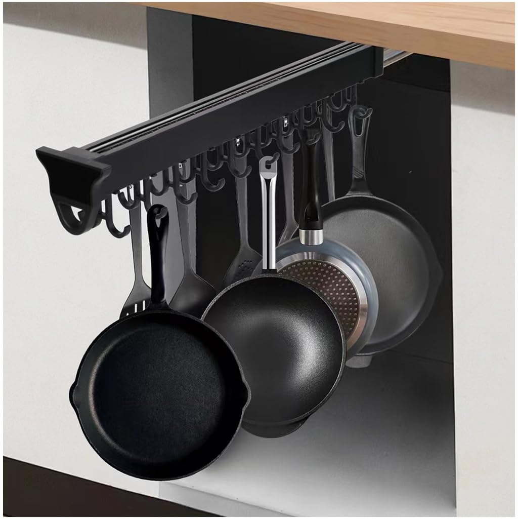 amhyicho Hanging Pot Rack with 10 Hook for Cabinet 22 Pull Out Pot and Pan organizer Adjustable Pot Racks with Sliding Rail St