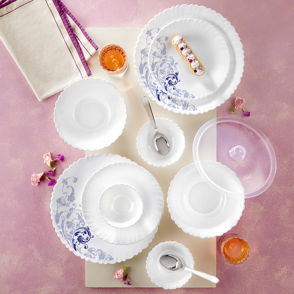 Larah By Borosil Silk Series Blue Eve Opalware Dinner Set With Steel Spoon | 41 Pcs For Family Of 6 | Microwave & Dishwasher Saf