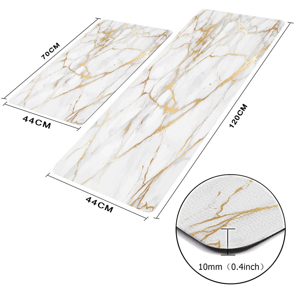 Mrcrypos Gold White Kitchen Rugs Cushioned Anti Fatigue 2 Pcs Marble Kitchen Mats Pvc Non Slip Waterproof Kitchen Mats For Floor