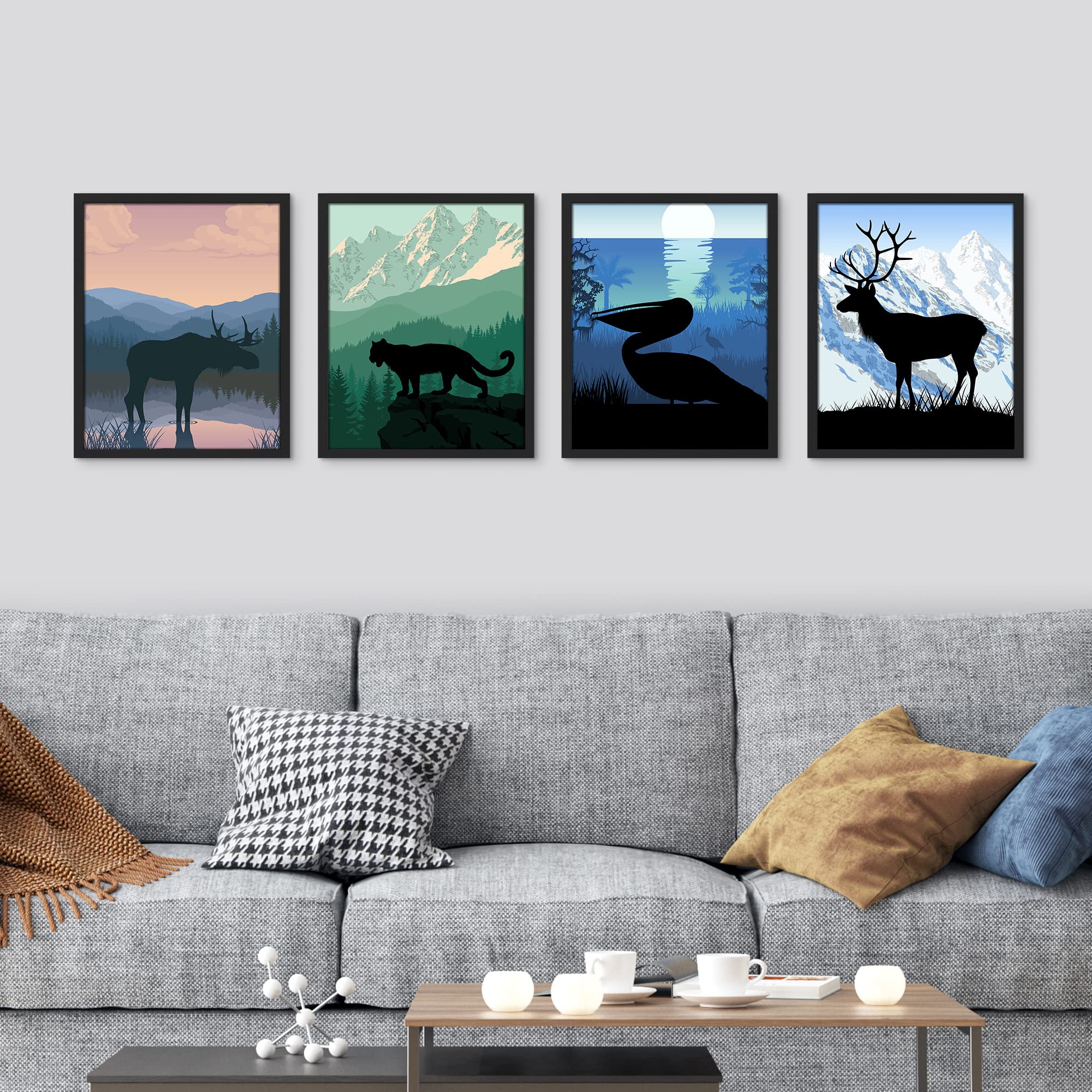 Signwin Framed Moose, Mountain Lion, Pelican Silhouette Landscapes Wall Art, Set Of 4 Animals Wall Decor Prints, Wilderness Natu