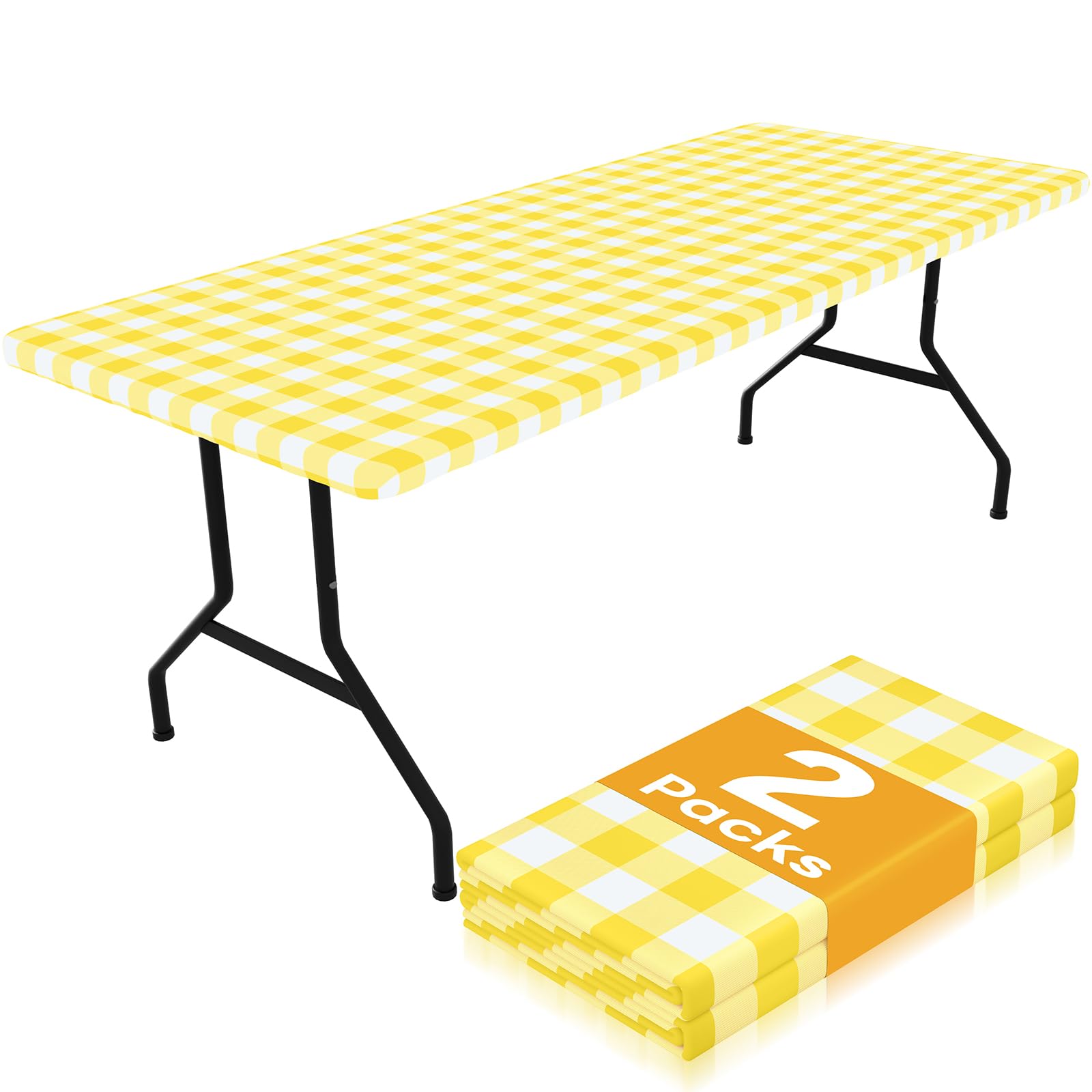 Smiry Picnic Table Cloth 2 Pack, Waterproof Elastic Fitted Tablecloths for 8FT Rectangle Tables, Washable Polyester Buffalo Plai