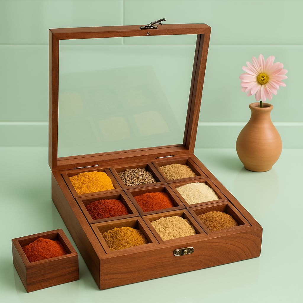 Navigator Craft Rosewood Wooden Spice Box For Kitchen  Handmade Masala Dabba Organizer With Spoon & 9 Containers Masala Contain