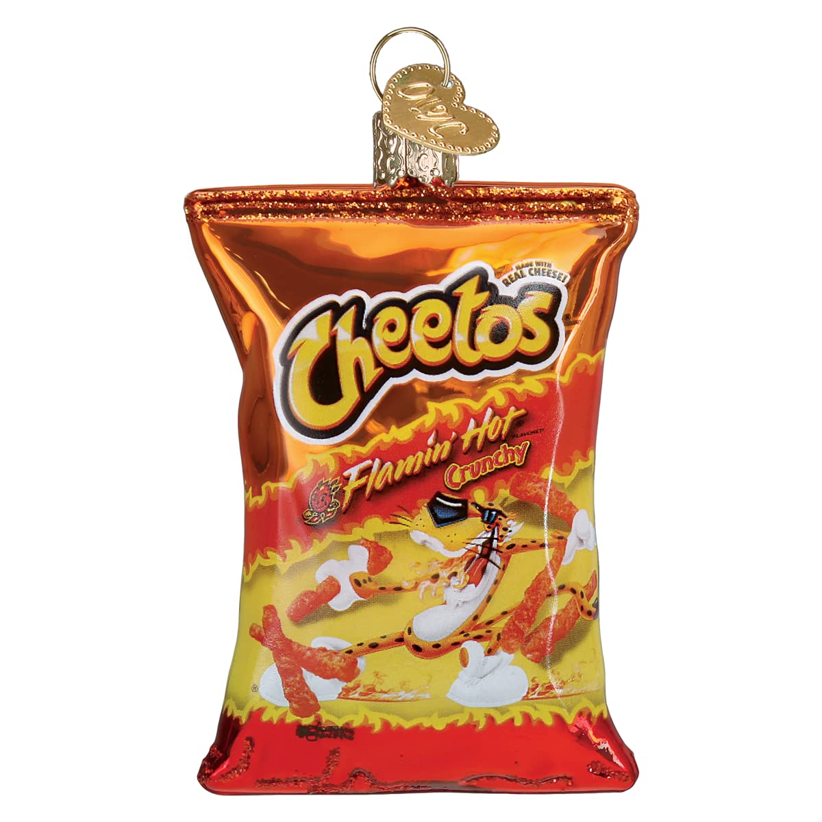 Old World Christmas Flamin  Hot Cheetos Glass Blown Ornament for Christmas Tree, Handcrafted Holiday Decoration, Snack Collectio