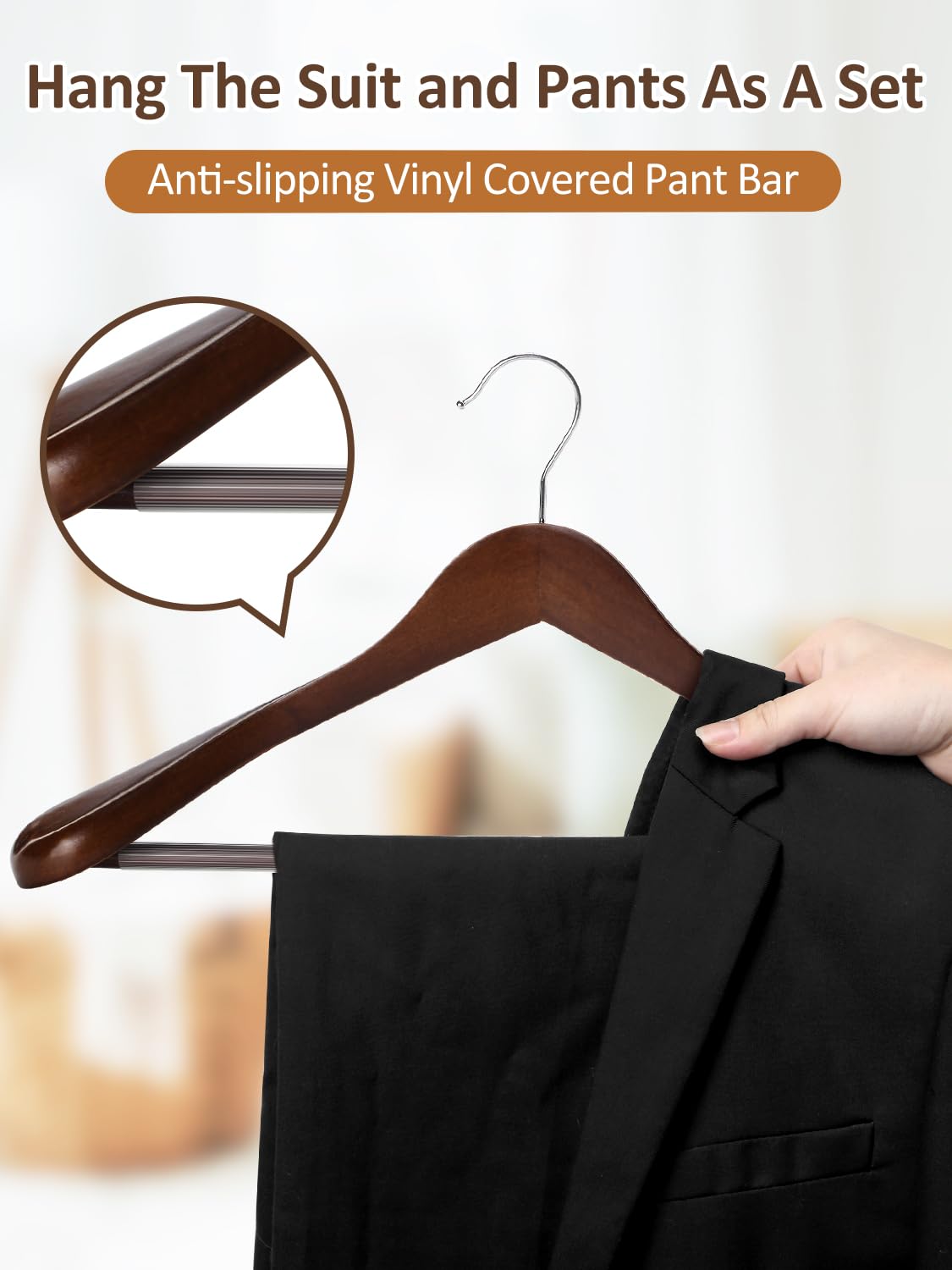 Amkufo Wide Shoulder Wooden Hangers 8 Pack Coat Hangers With Non Slip Pants Bar, Heavy Duty Suit Hangers Wood Clothes Hangers Wi