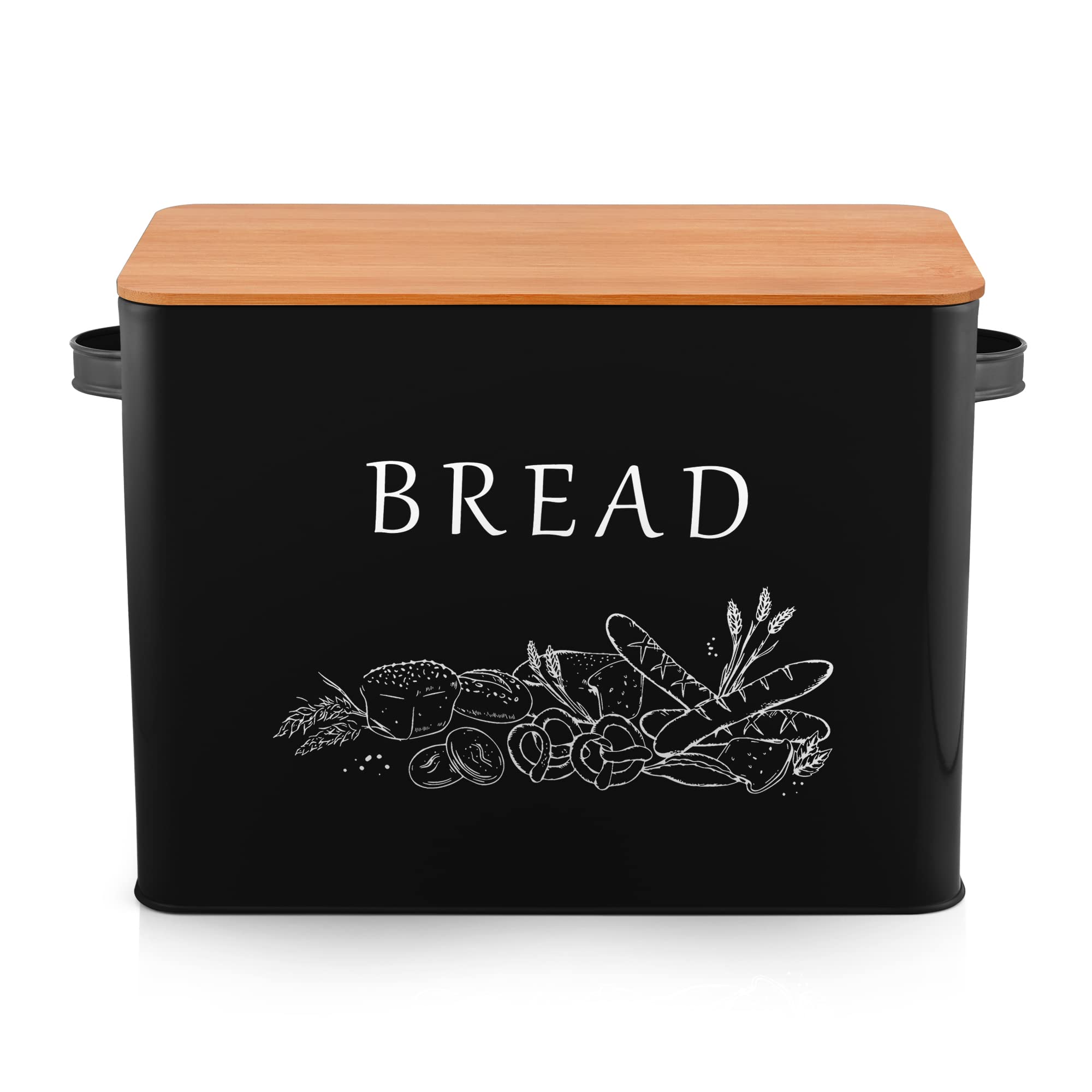 Lianyu Black Bread Box With Bamboo Lid For Kitchen Countertop, Large Farmhouse Metal Bread Storage Container Organizer, Vintage