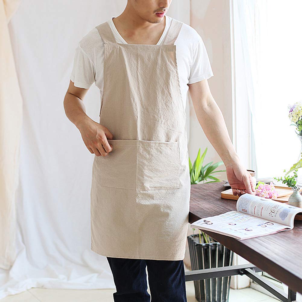 Newgem Japanese Linen Cross Back Kitchen Cooking Aprons For Men With Pockets For Baking Painting Gardening Cleaning Khaki