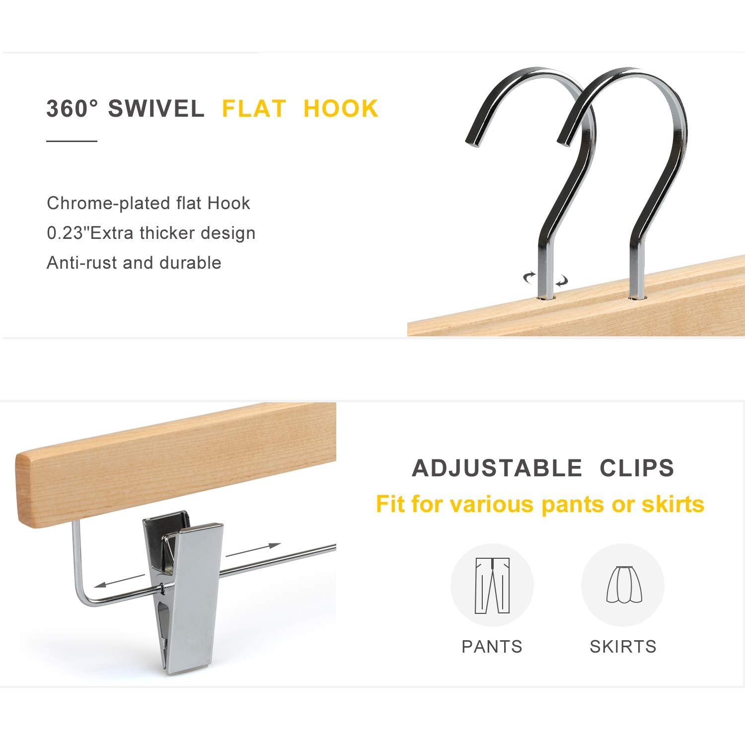 TOPIA HANGER Pants Hangers  Luxury Natural Wooden Hangers with Premium Metal Clips and 360 Swivel Anti-Rust Flat Hook  20-Pack Boutique Hangers for Skirts  Trousers  Jeans Slacks-CT03N