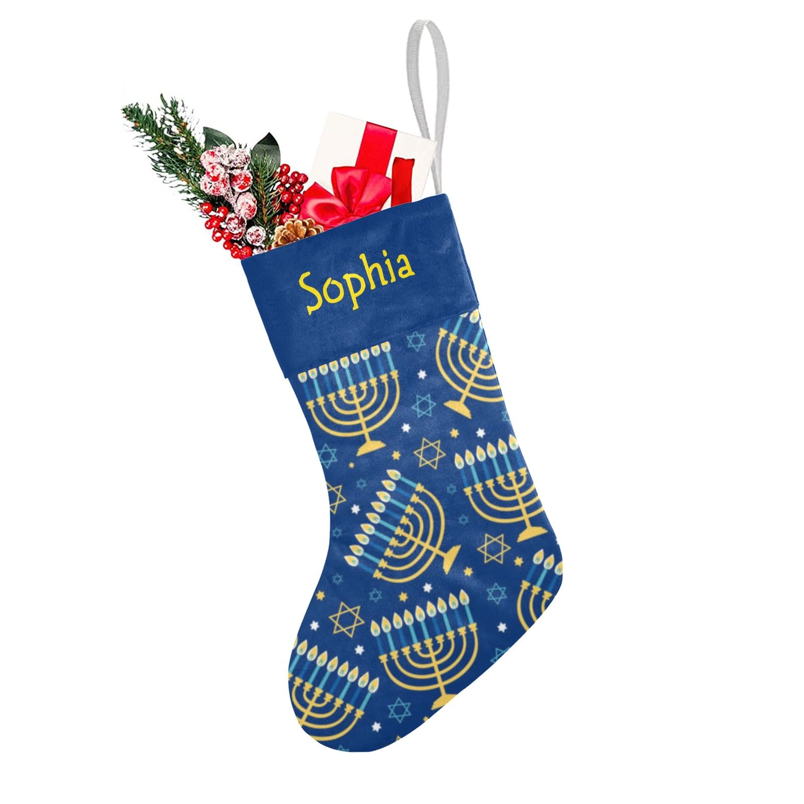 Custom Hanukkah Blue Happy Christmas Stocking Personalized with Name Xmas Family Holiday Birthday Gift Decor 17.52 x 7.87 Inch