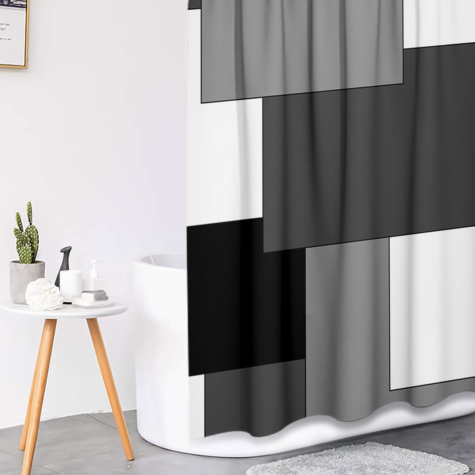 Tayney Grey Geometric Shower Curtain Set - 4 Pcs, Polyester, 72"W x 72"L, Abstract Black White Checkered with Toilet Lid Cover & Rugs