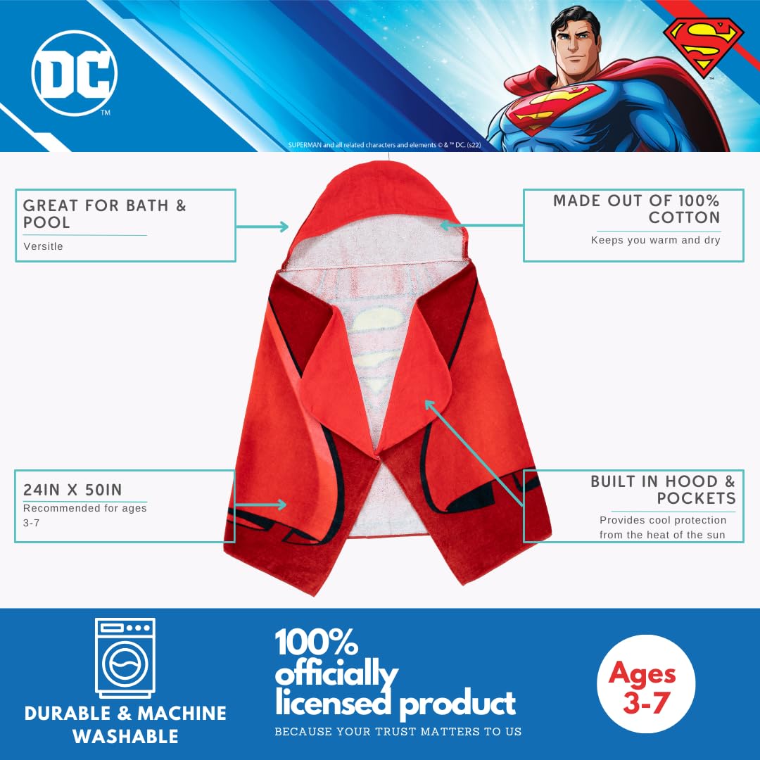 Franco Superman Cape Kids Super Soft Bath/Pool/Beach Soft Cotton Terry Hooded Towel Wrap, 24 In X 50 In, (Officially Licensed Pr