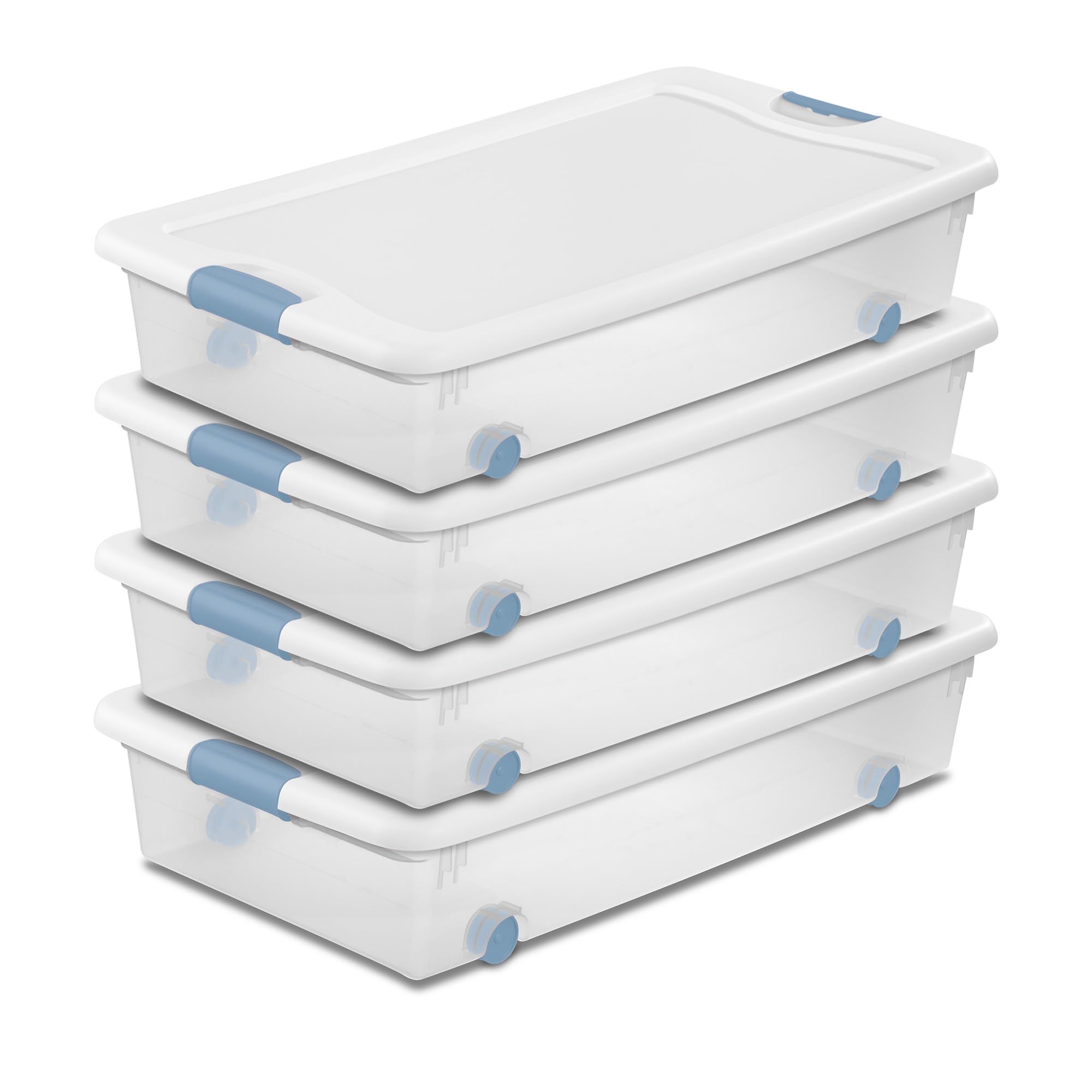 Sterilite 56 Qt Wheeled Latching Storage Box, Clear with White Lid, Stackable Plastic Container, 4-Pack
