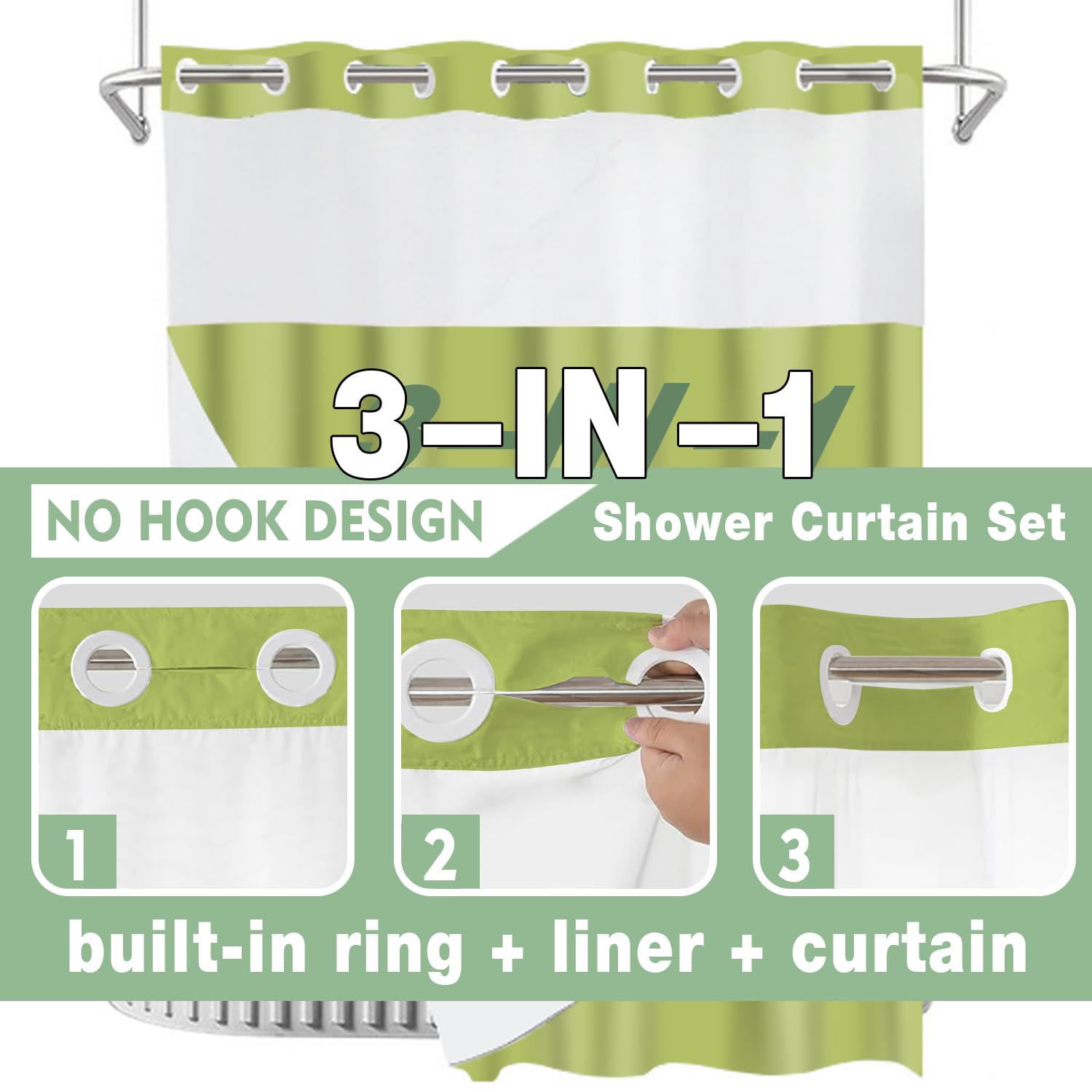 Lylycty Green No Hook Shower Curtain With Snap In Liner Set,Modern Fabric Shower Curtains For Bathroom Hotel Style Decor 71X74