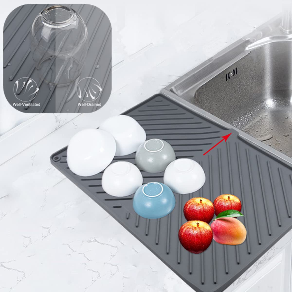 Iyyi Silicone Dish Drying Mat Xl(24'' X 15'') Dish Draining Mat For Kitchen Counter, Easy Clean, Heat Resistant, Large Drainer M