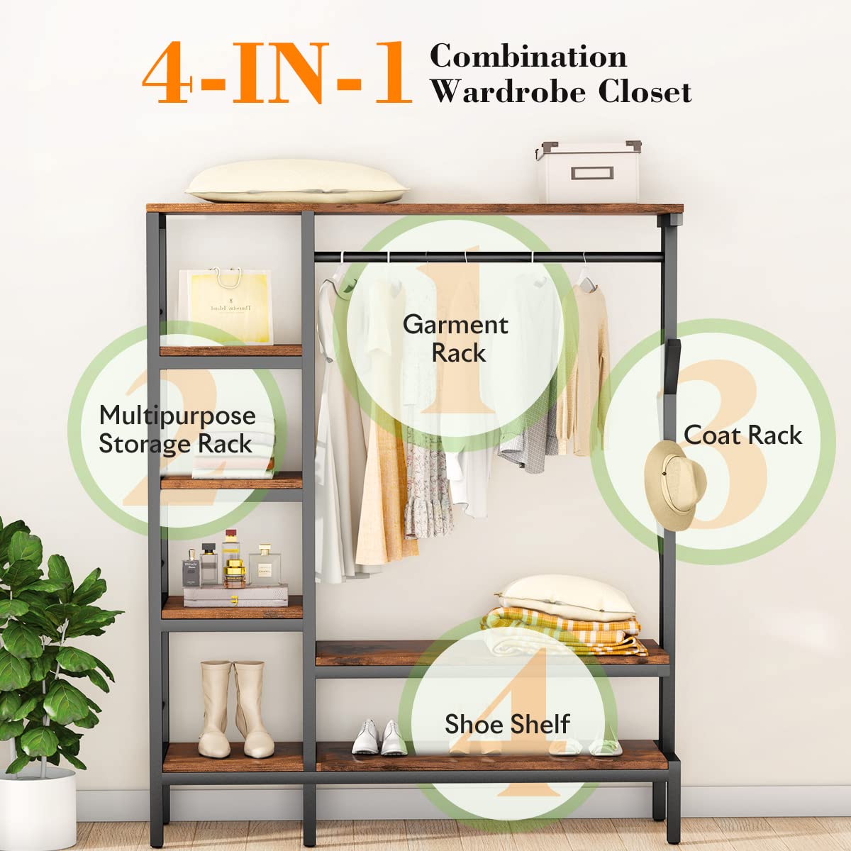 Hokeeper 650Lbs Capacity Heavy Duty Clothing Rack With Shelves Freestanding Closet Organizer With Hooks Metal Wardrobe Closet Or