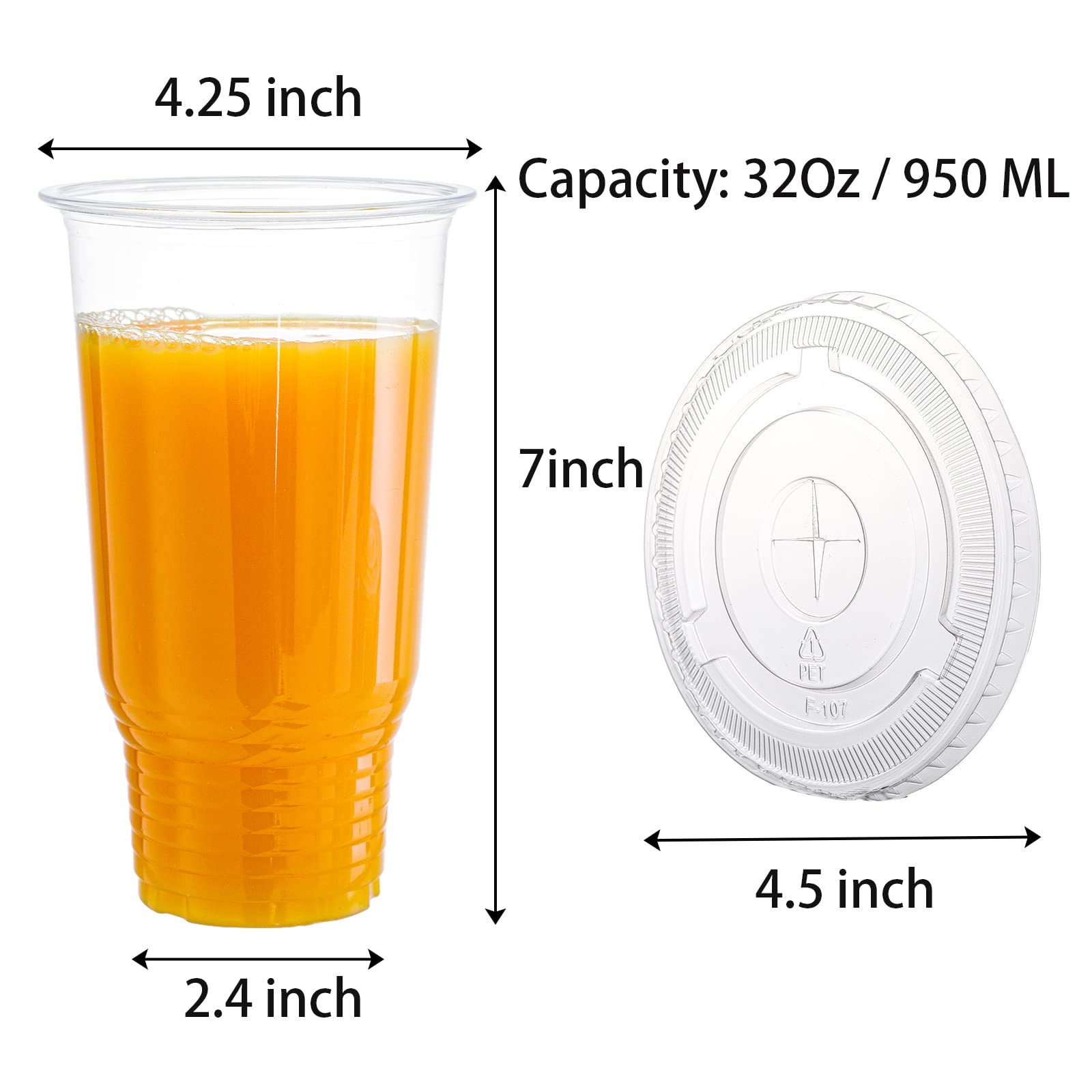 Topzea 50 Pack Clear Plastic Cup With Flat Lid For Iced Coffee, 32Oz Pe Plastic Drinking Cup, Large Disposable Parfait Fruit Cup