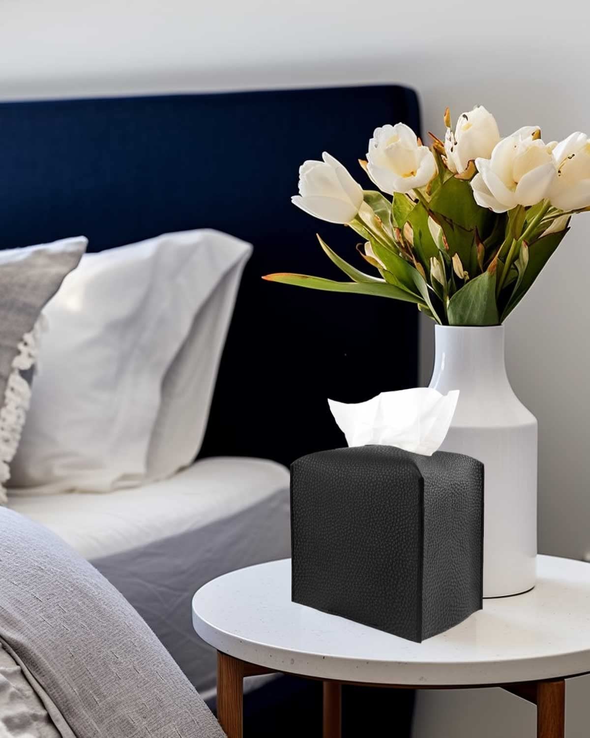 Leather Tissue Box Cover Square - Tissue Holder With Bottom Belt [Jesmini, Black] Aesthetic Pu Leather Tissue Box Holder Decorat