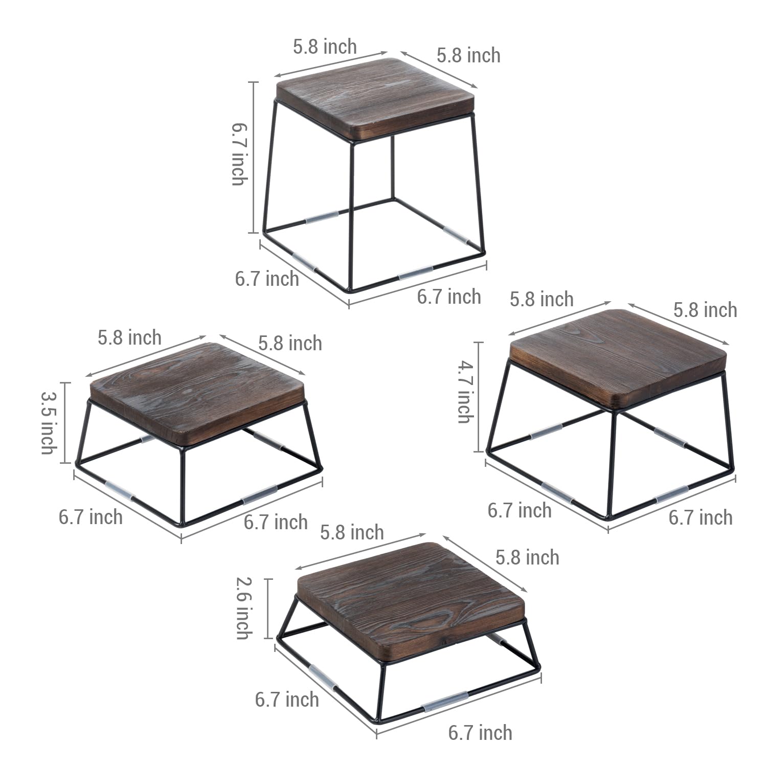 MyGift Burnt Wood & Black Metal Wire Square Retail Food Display Risers/Pizza Stands  Set of 4