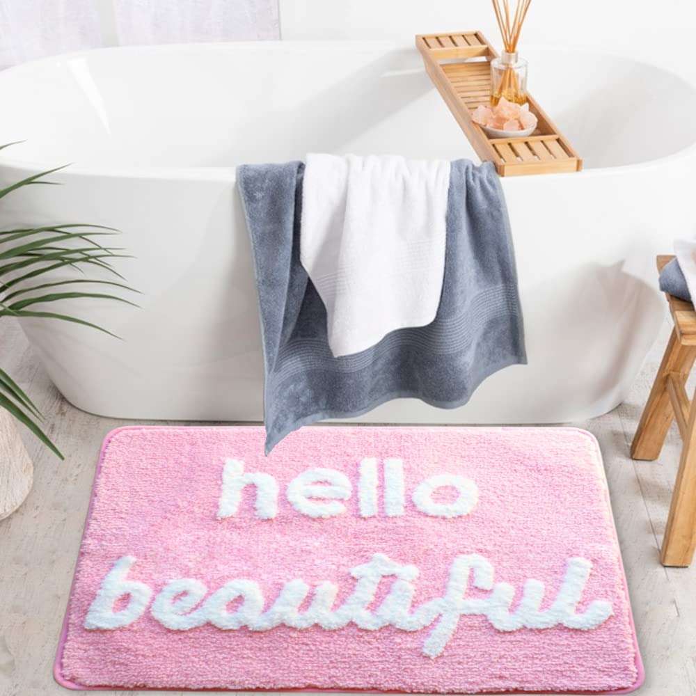 Evovee Hello Beautiful Bath Mat Light Pink Blush Peach Coral Cute Bathroom Rugs For Girls You Look Good Gorgeous Funny Shower Fu