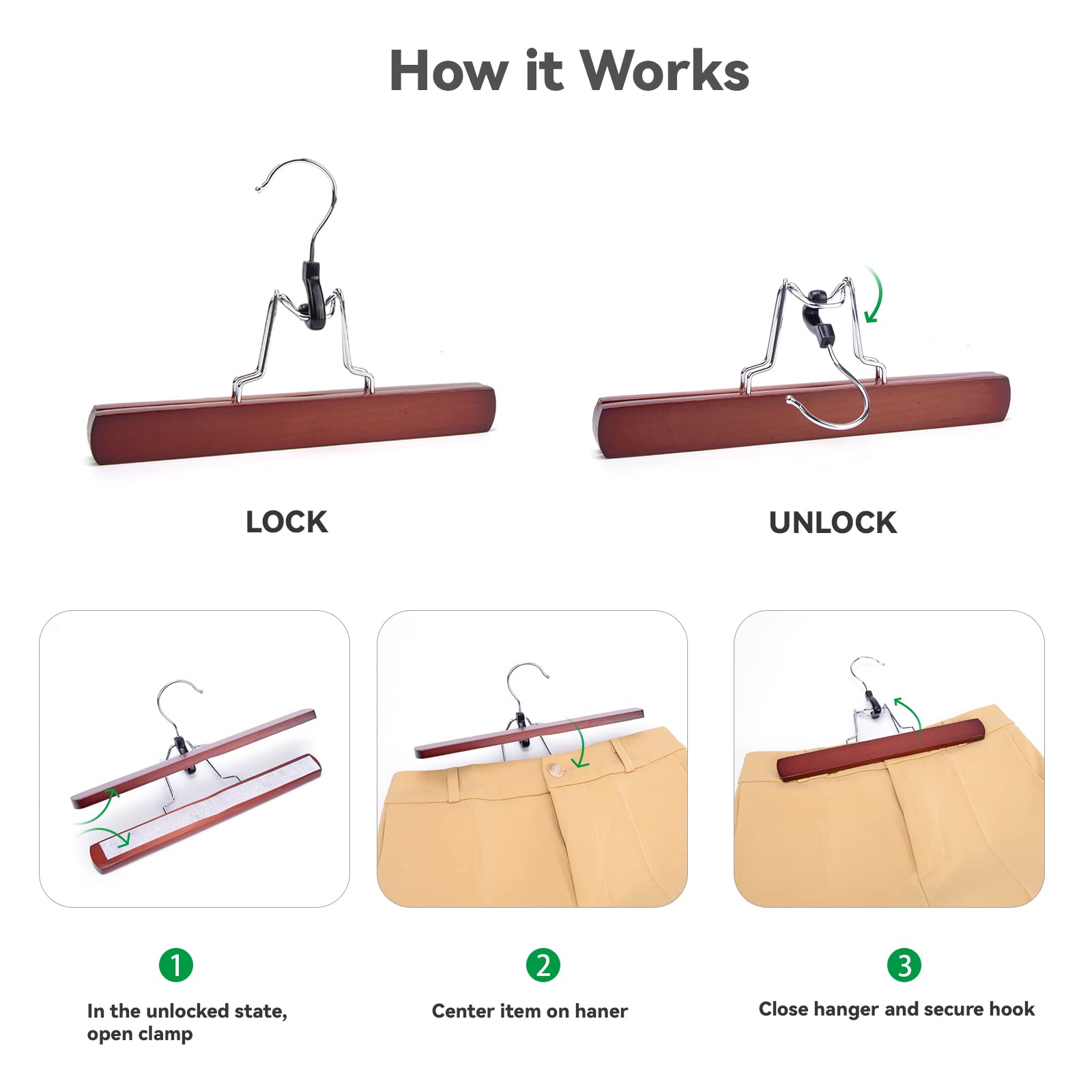 Nature Smile Wooden Non Slip Pants Skirt Hangers, Smooth Finish Solid Wood Jeans Slack Clamp Hangers Hair Extension Hangers (20