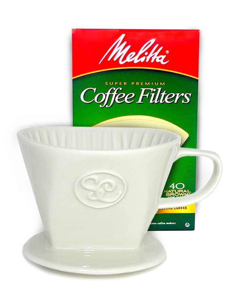 Simply Charmed Pour Over Coffee Dripper - Single Cup Ceramic Coffee Maker With 40 Count Melitta Filters