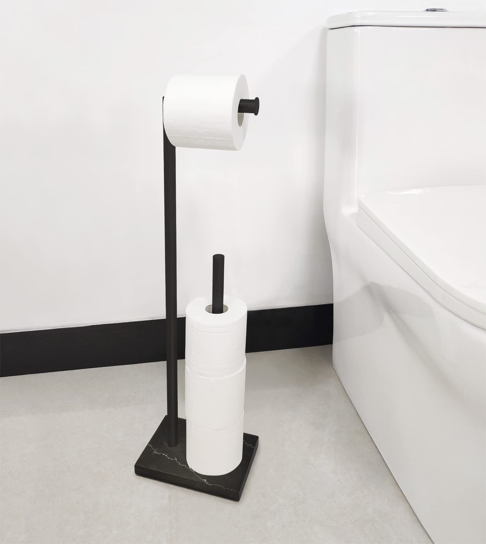 Gzila Free Standing Toilet Paper Holder Stand With Reserve, Heavy Weighted Marble Design Base Sus304 Stainless Steel (Black)