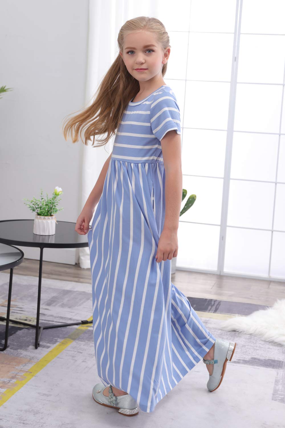 Gorlya Girls Short Sleeve Floral Print Loose Casual Holiday Long Maxi Dress With Pockets (8Yearsheight:130Cm, Blue Stripe)