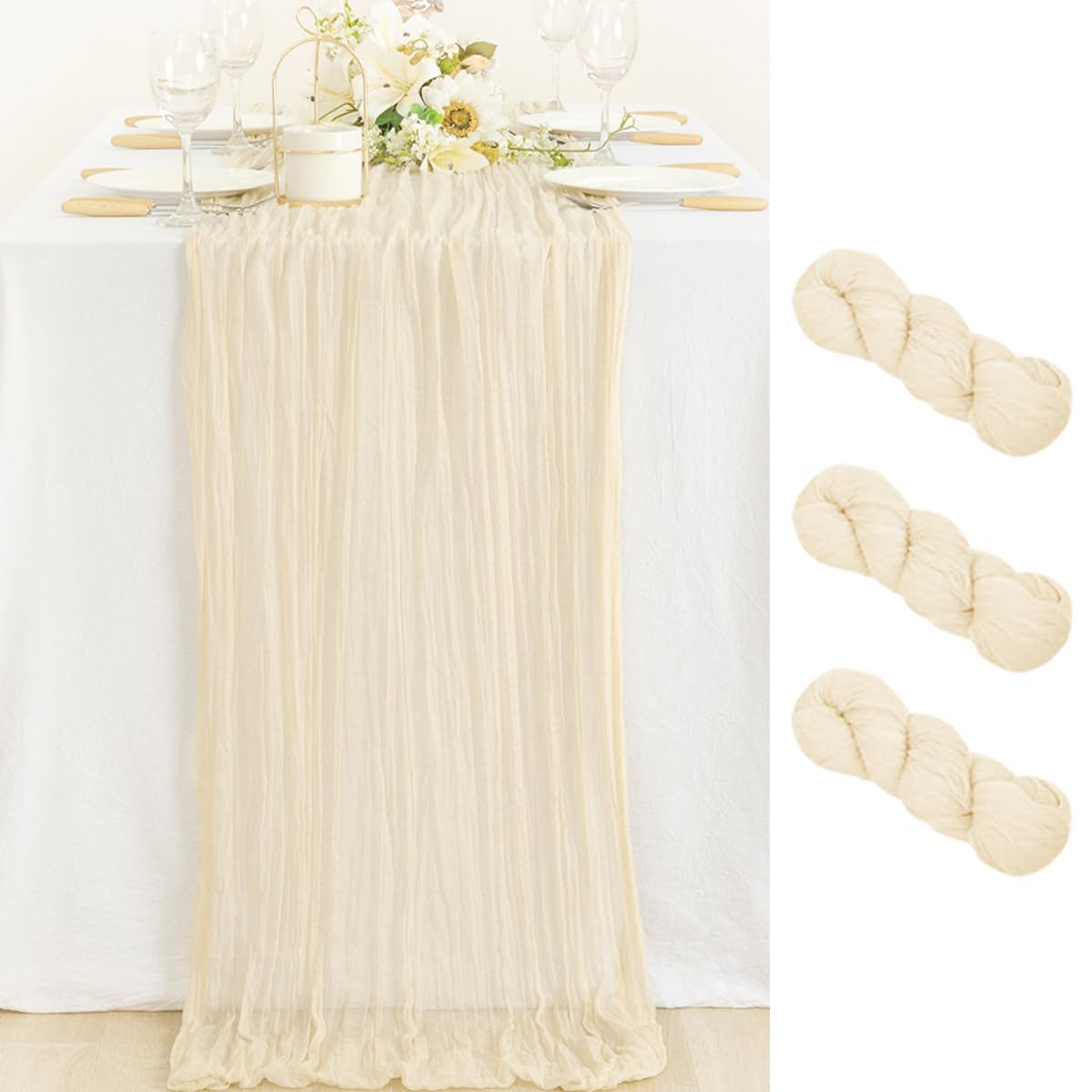 MLMC 3 Pack Beige Cheesecloth Table Runner 10ft Rustic Boho Gauze Cream Table Runner Bulk Winter Decor 35x120 Inches for Wedding