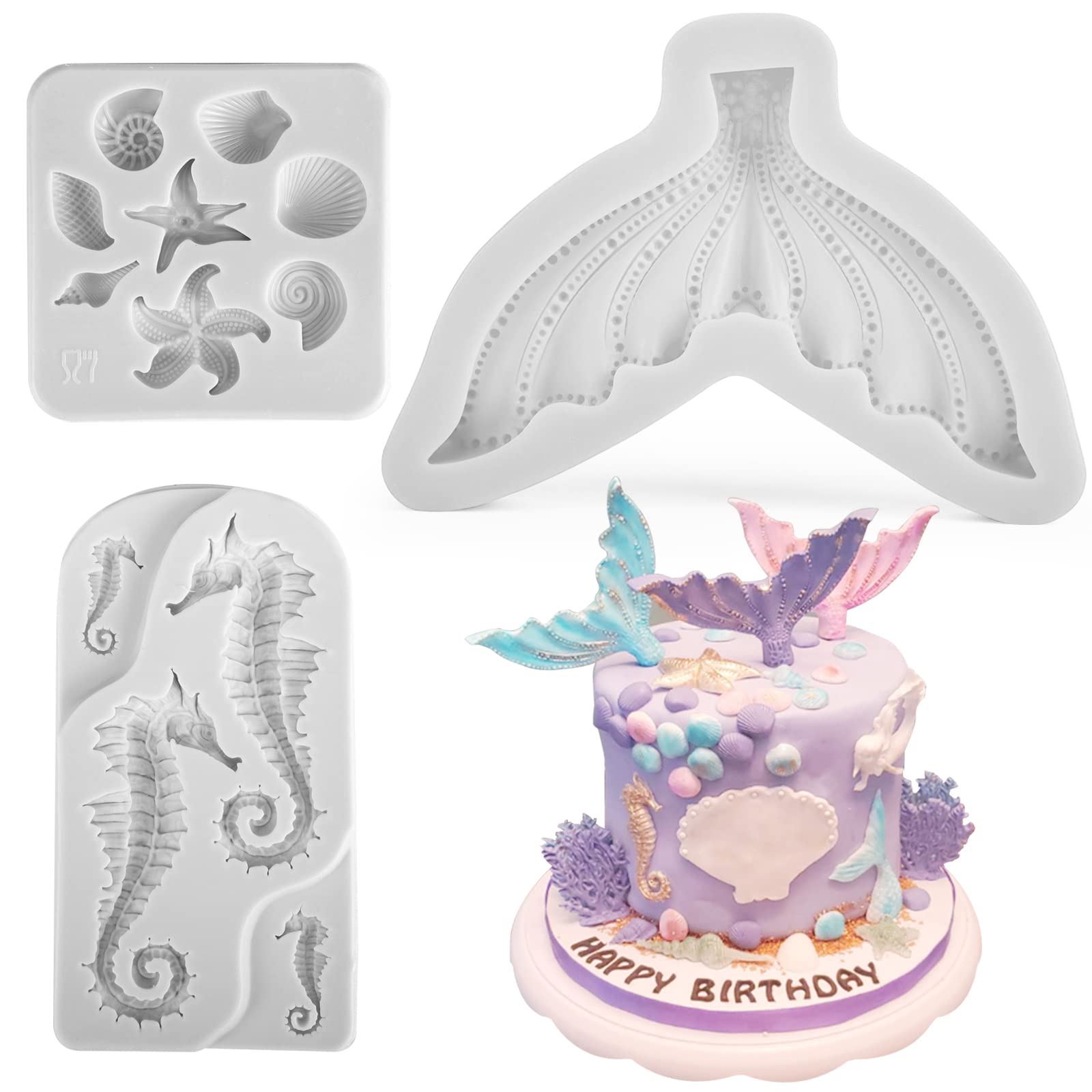 Beasea Mermaid Cake Fondant Mold, 3 Pcs Seahorse Seashell Starfish Mermaid Tail Silicone Mold Chocolate Shells Baking Molds For