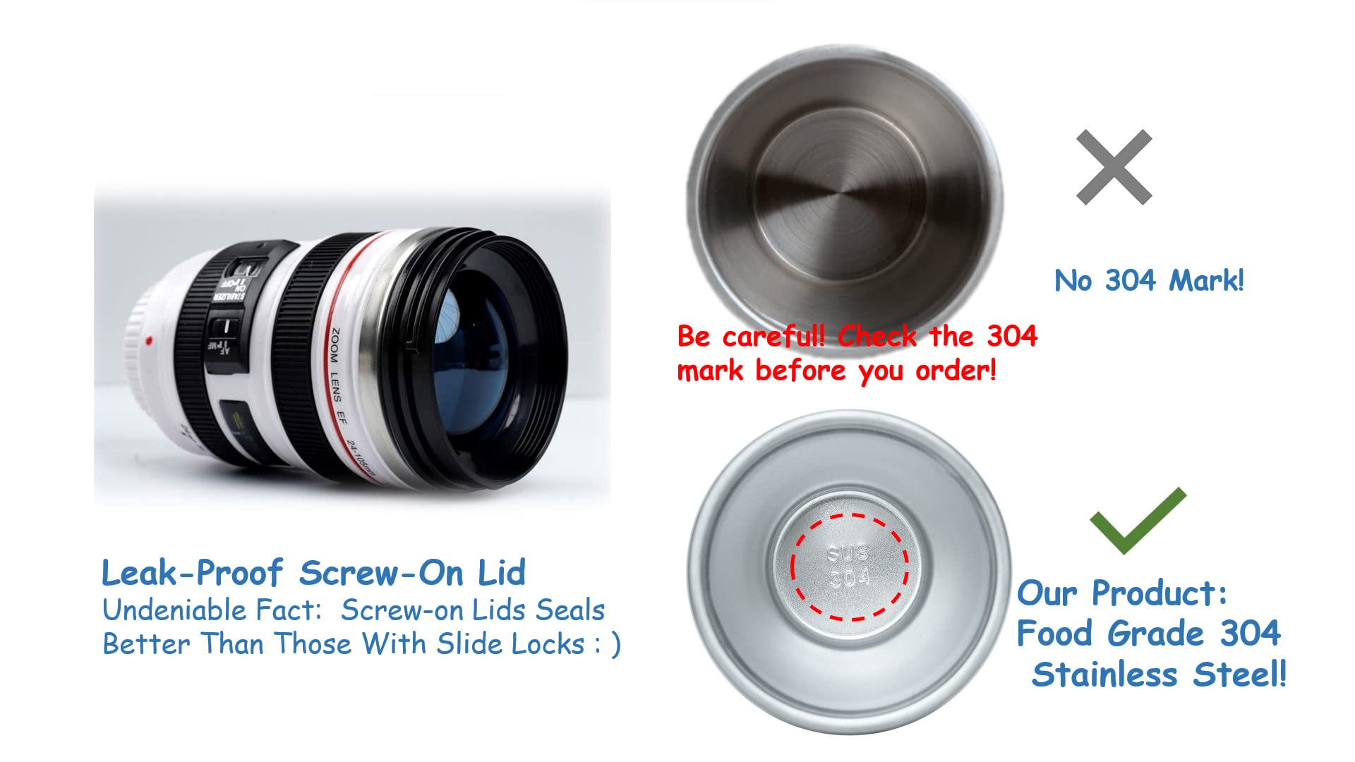 Phantaccy Camera Lens Coffee Mug - Leakproof 13.5Oz Sus-304 Stainless Steel Travel Mug With Spoon, Bpa-Free, Lid For Tea/Water/C